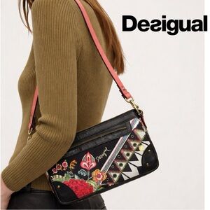 DESIGUAL black Pink sequin stud floral Crossbody shoulder bag clutch purse